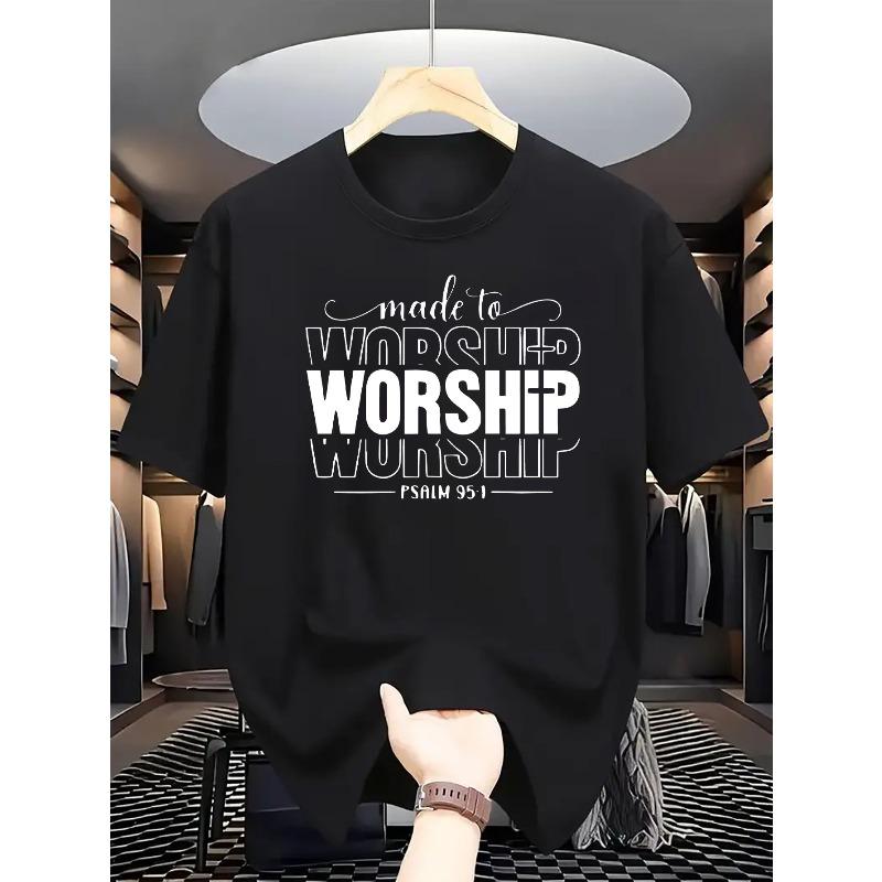 European Sizes Pattern T-Shirt, WORSHIP Letter Print Design Casual Crew Neck, Regular Fit for Teens - Summer Short Sleeve Top