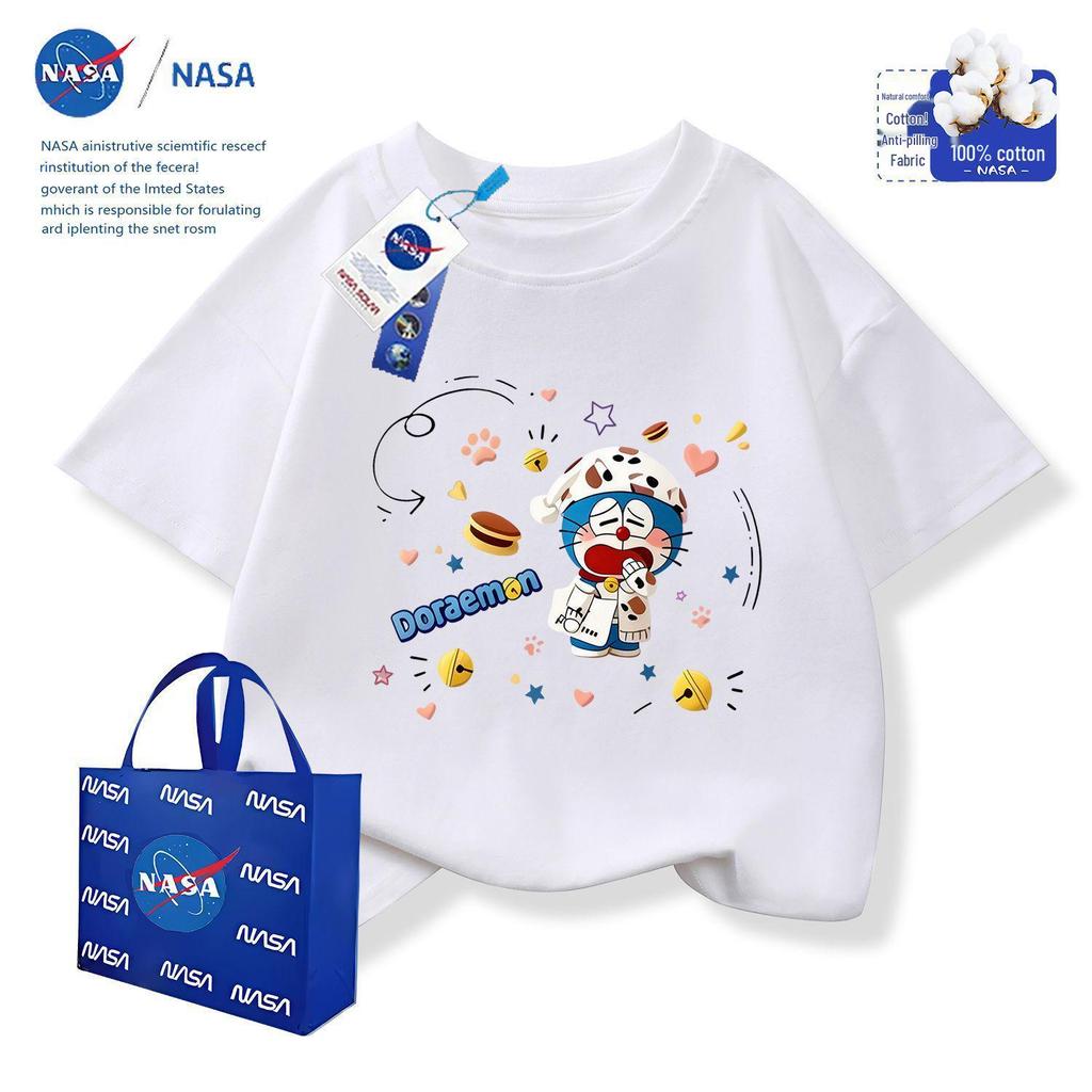NASA x Doraemon Kids Cotton Round Neck T-Shirt with Embroidery Print, Short Sleeve