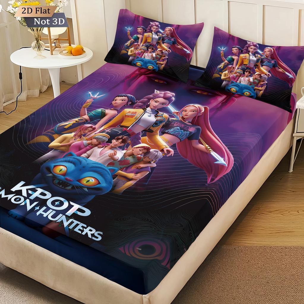 3pcs K-Pop Demon Hunters Printed Chipless Bed Sheet Set Multi Size Soft Bed Cover Bedroom Bedding Decoration Machine Washable