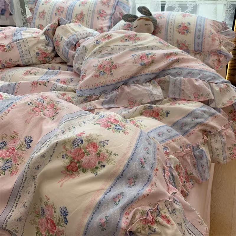 Korean Style Princess Floral Bedding Set Washed Cotton Vintage French Pastoral Flowers Lace Ruffles Duvet Cover Set Pillowcase