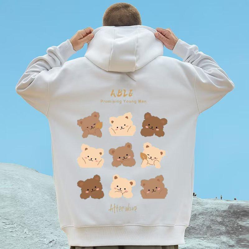 M-8XL Американский стиль Уличный Коричневый Милый Принт Медведя Оверсайз Худи Худи для Пары Студенческий Большой Мягкий Бархатный Свитшот с Капюшоном