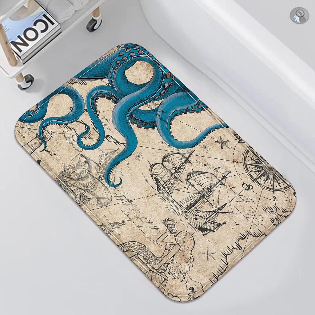 Ocean Themed Retro Map Doormat Octopus Mermaid Sailboat Floor Mat Suitable for Living Room Bedroom Bathroom Entrance Doormat