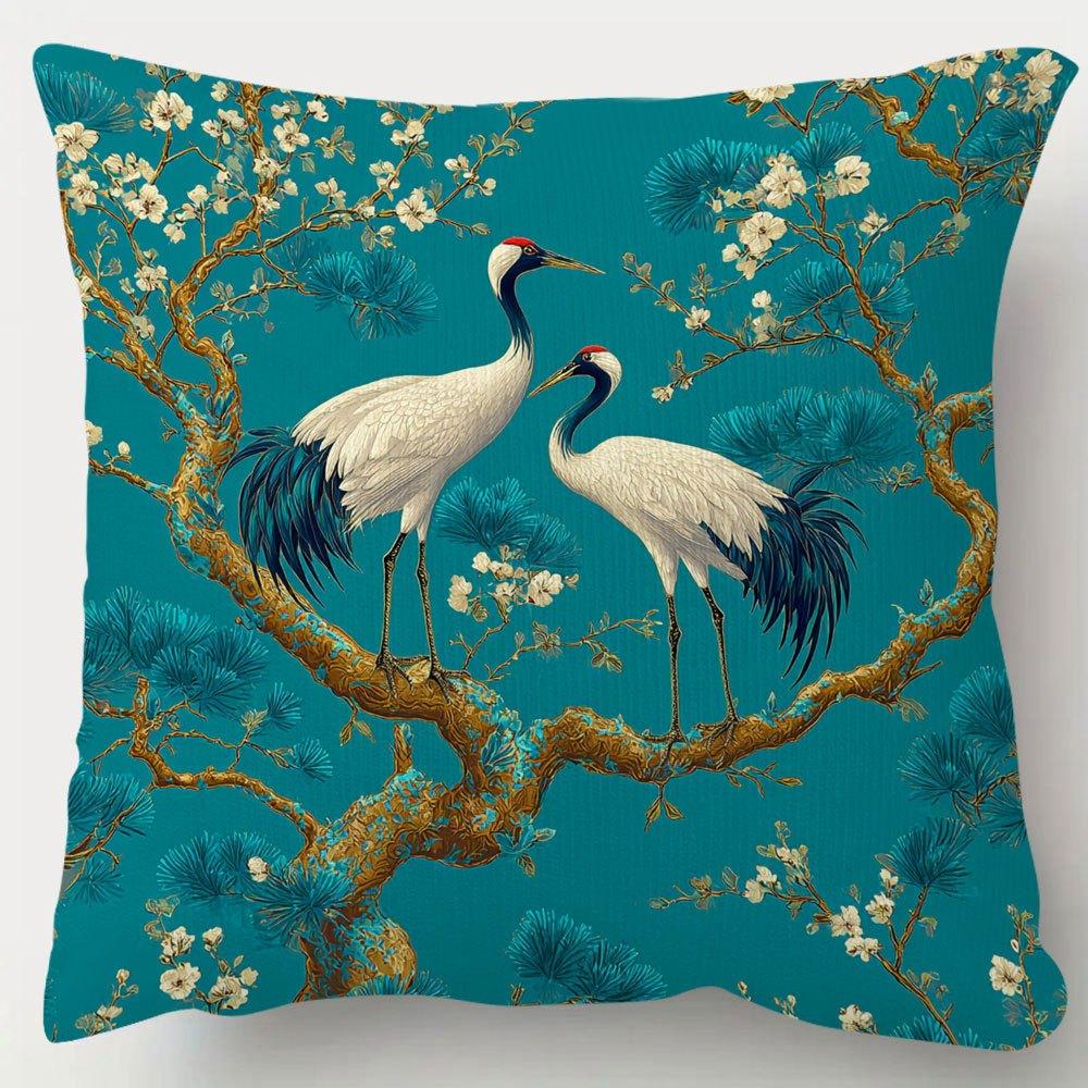 Oriental Red-Crowned Crane Pillow Cover Teal Pine Blossom Print Soft Linen Feel For Sofa Bed Living Room Asian Home Decor Gifts
