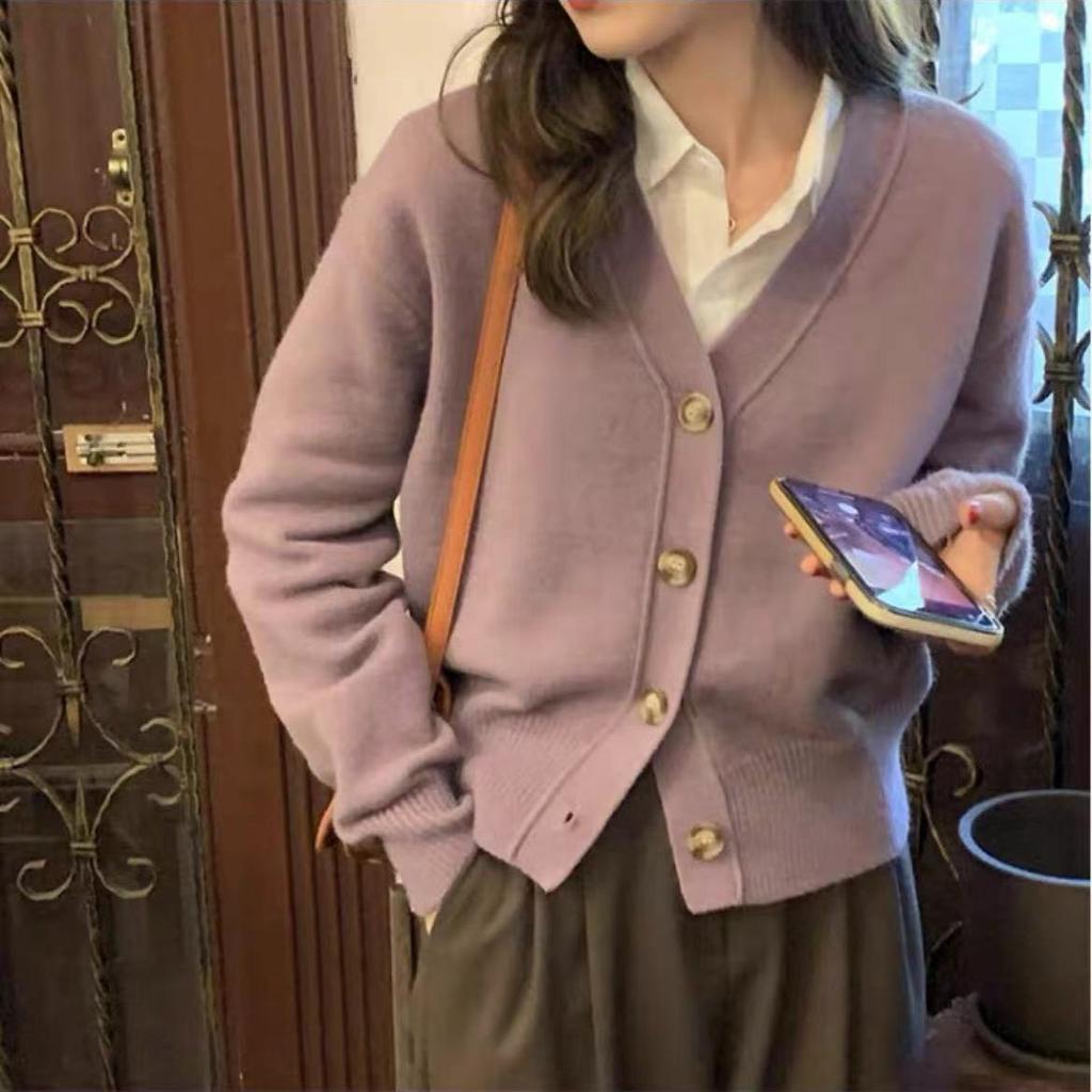 Кардиган, женский свитер с v-образным вырезом, повседневный и универсальный осенне-зимний повседневный однотонный вязаный свитер с v-образным вырезом и длинными рукавами, женский топ