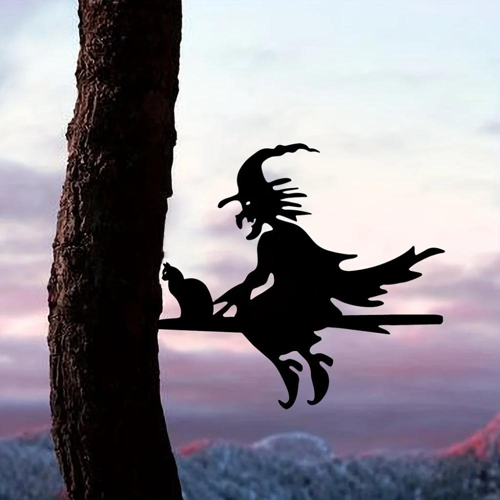 1 шт. Страшная ведьма и кошка на ветке, стальной силуэт, металлическое настенное искусство для дома, двора и патио, наружная статуя, украшение для колышка