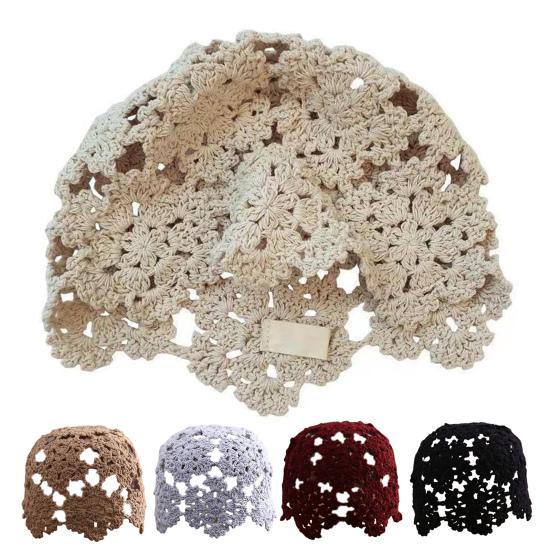 Women Knitting Hat Hollow Crochet Flower Pattern Breathable Handcrafted Hat Outdoor Work Street Wear