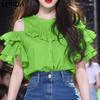 Женские летние повседневные футболки с круглым вырезом и открытыми плечами с оборками