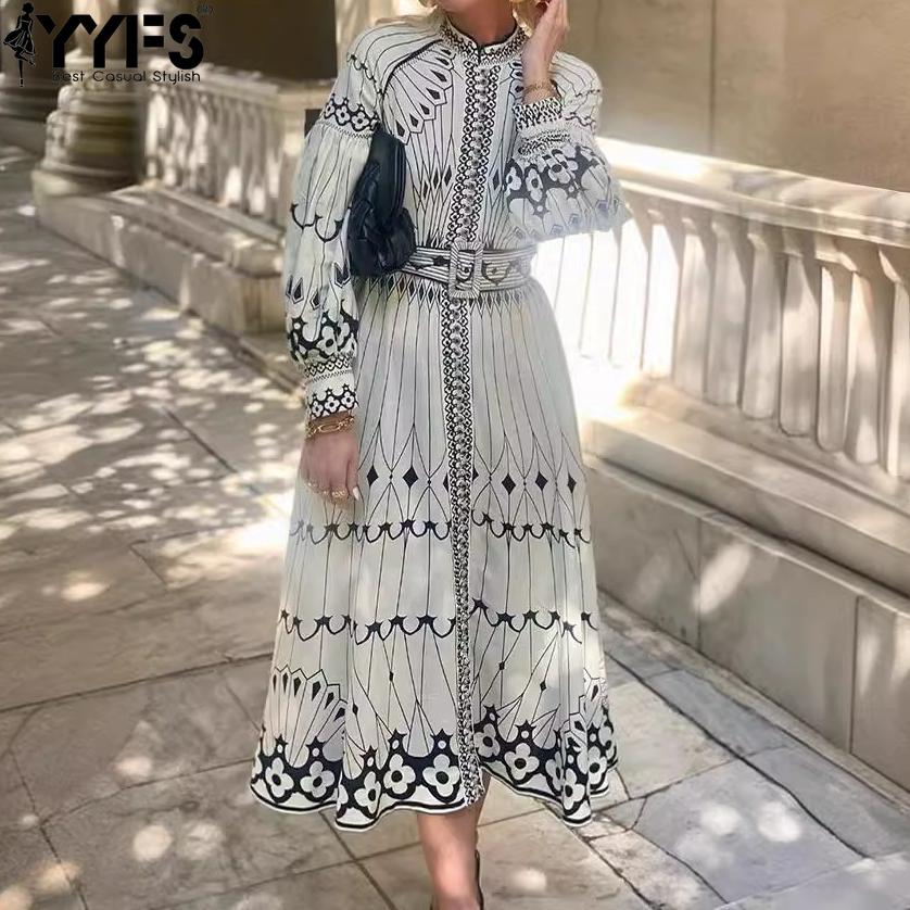 YYFS Women's Fashion Spring Fall Flower Pattern Print Long Sleeve Stand-collar High Waist Casual Dresses