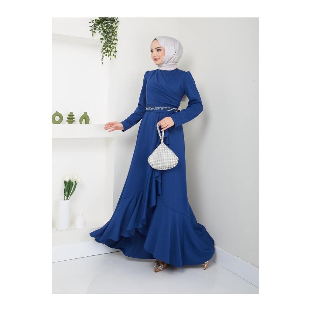 Women's Clothing Evening Dress Fashion Skirt Flounced Belt Stoned Hijab Evening Dress 2497 Black