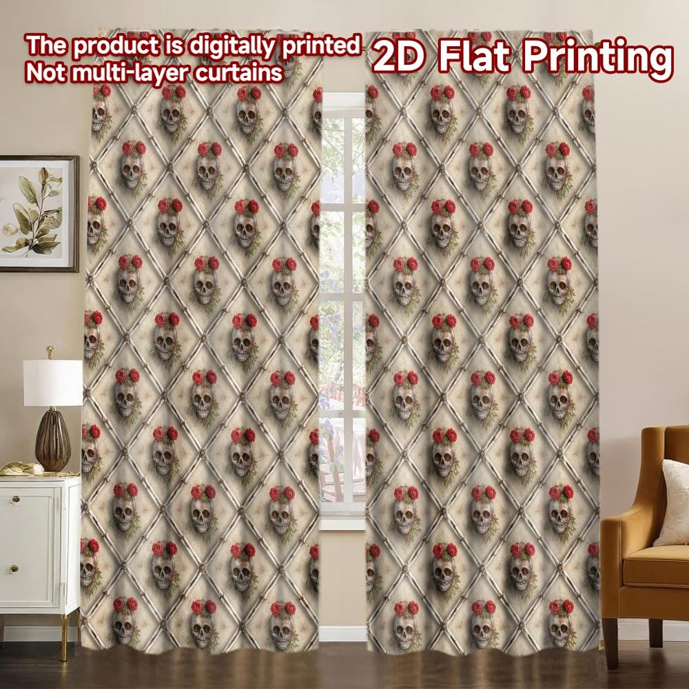 2D FLAT PRINTING 2pcs Curtains (Without Rod) Day of the Dead Skulls Popular Pattern Curtains Polyester Curtains Valentine's Day