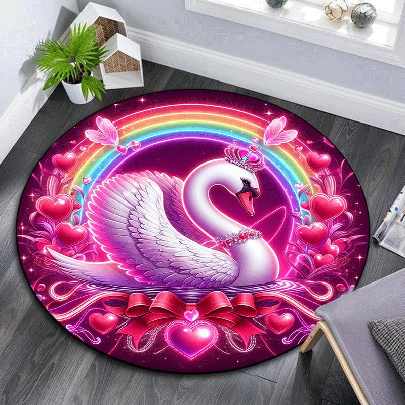 1pc Soft, Absorbent & Non Slip Pink love swan and rainbow Round Rug Soft Circle Rug for Living Room & Bedroom Decor, Chair Mats, and Unforge