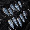 Long Pointed Press-On Nails With Hand-Painted 3D Embossed Line Minimalist Blue A2457 Women