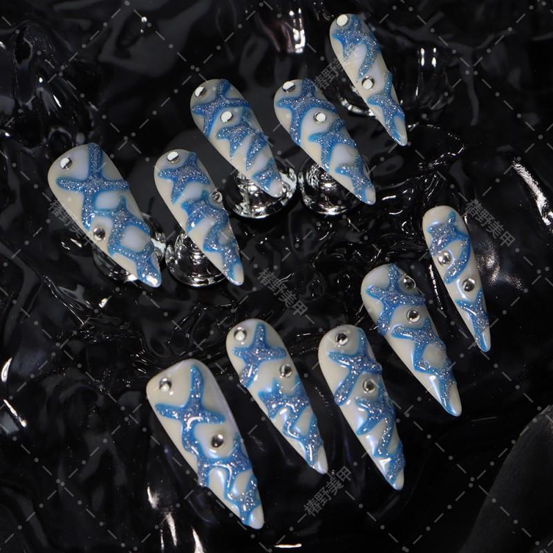 Long Pointed Press-On Nails With Hand-Painted 3D Embossed Line Minimalist Blue A2457 Women