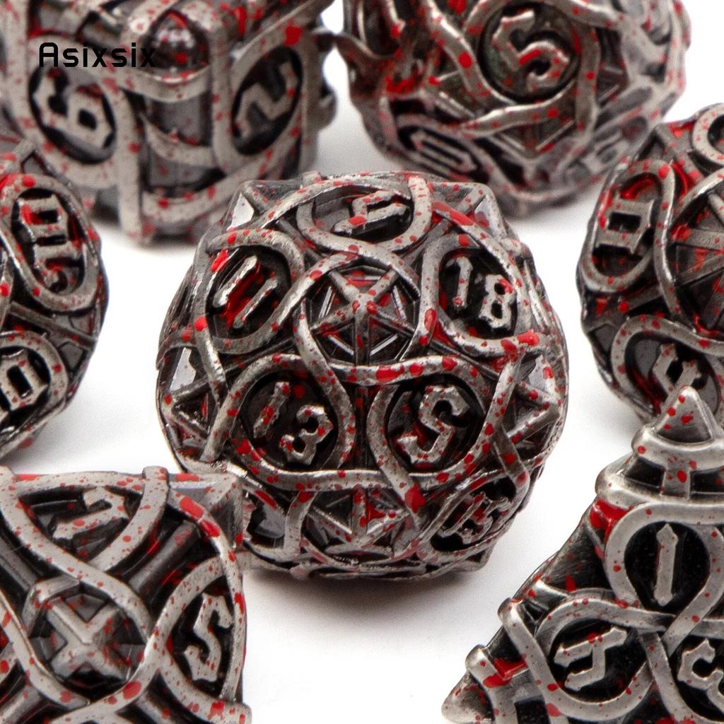 7 Pcs Silver Red Stripe Metal Dice Solid Metal Polyhedral Dice Set Suitable for Role-Playing RPG  Board Game Card Game