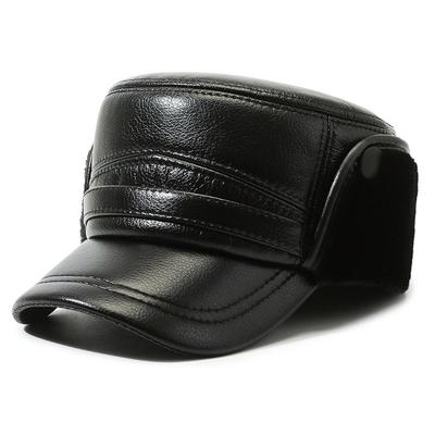 Мужская кожаная шляпа с плоским верхом для людей среднего и пожилого возраста, зимняя теплая защитная шапка для ушей, толстая утепленная кепка