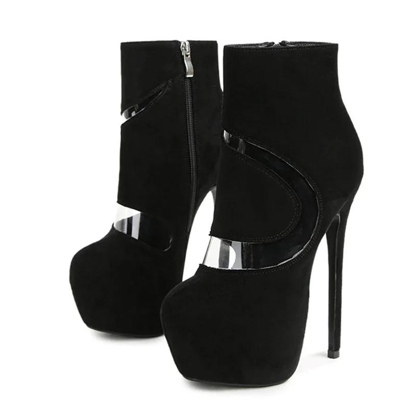Модные сексуальные туфли на очень высоком каблуке для женщин, вечеринок, ночных клубов, стриптиза, танцев на пилоне, туфли с круглым носком, застежка-молния, замша из ПВХ, лоскутное шитье, 16 см, платформа