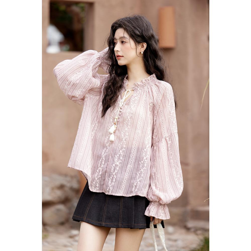 Mishow Модная вышитая блузка с кисточками на бретельках, женская, весна-лето, новая, милая кружевная рубашка с длинными рукавами и буфами MXE11X1704