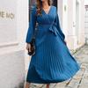 Женское осенне-зимнее темпераментное плиссированное платье макси с V-образным вырезом и длинными рукавами на шнуровке, S-XL