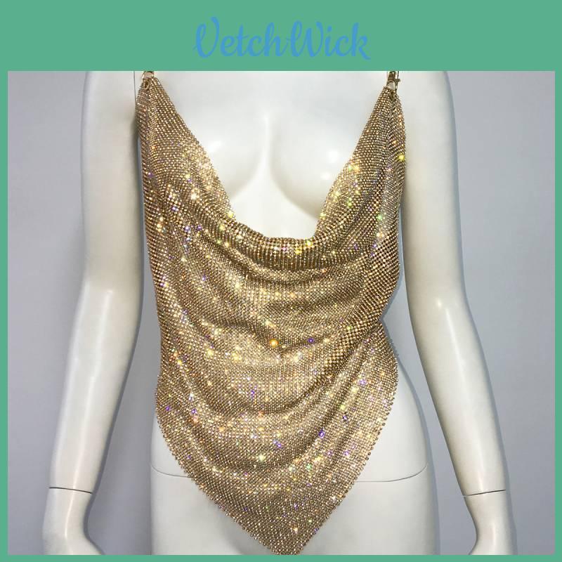 Metal Wire Fabric Metal Sparkle Spaghetti Strap Crop Top For Nightclub Women