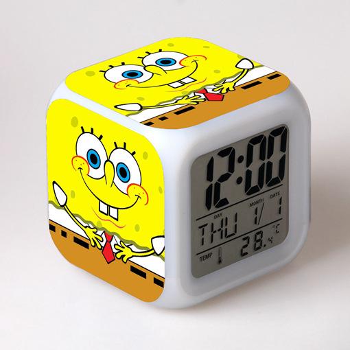 Cartoon SpongeBob SquarePants Alarm Clock Children's Gifts Color-changing Colorful Alarm Clock Square Clock Bedside Clock