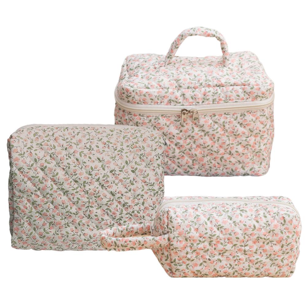 3 шт. Цветочная косметичка Хлопковая стеганая косметичка Большой вместимости Органайзер для макияжа Сумка для хранения с молнией для женщин и девушек
