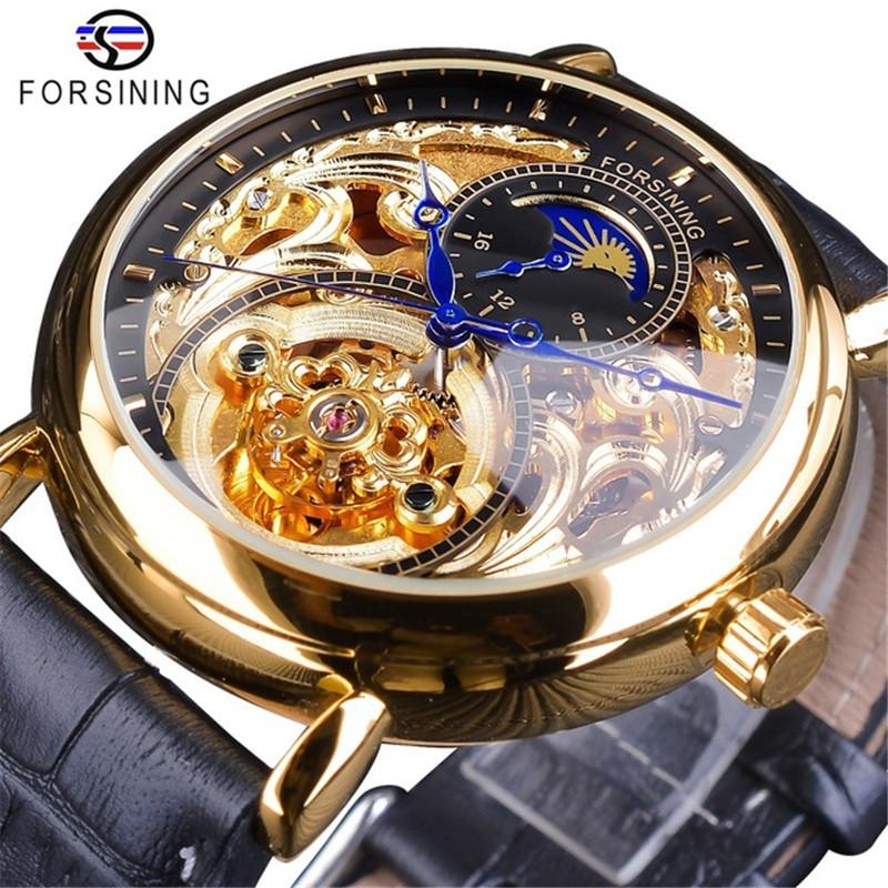 Forsining Men's Fashion Casual Hollow Moon Phase Carved Hollow Automatic Mechanical Watch