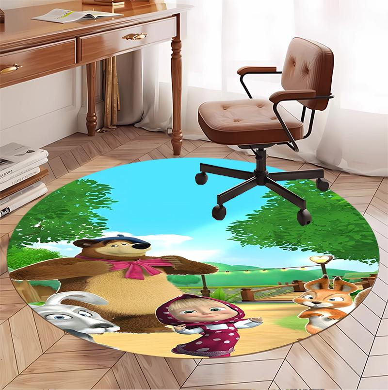 Masha and The Bear Pattern Round Rug, Indoor/Outdoor Mat, for Picnic, Gameroom, Bedroom, Office, Living Room, Home Decor Carpet, Birthday Gift