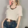 Hotsweet Halter V-Neck Pullovers Summer Slim Hollow Out Basic Vintage Short Sleeve T-shirt Two Piece Set