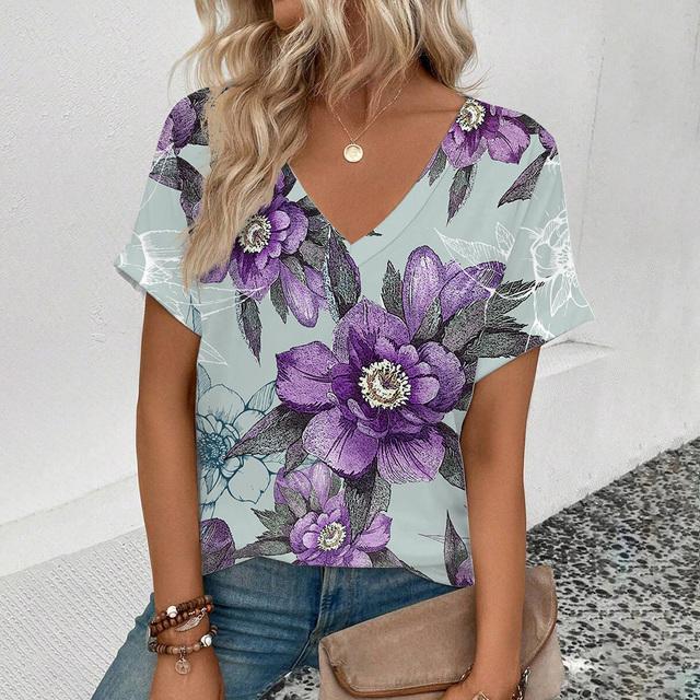 Футболка с V-образным вырезом для лета Женская футболка с ретро-цветочным принтом Модная футболка с принтом Элегантная футболка с короткими рукавами