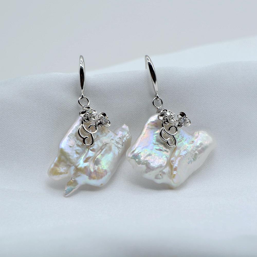 Exaggerated Drop Earrings White Natural Pearl Irregular Square Sterling Silver Earrings For Women Baroque Flat Pearl Earrings