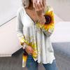 Women Autumn Floral White Sunflower Printed Long Sleeve T-Shirts Loose V-Neck Plus Size Tee Shirt Tops Comfy Blouse