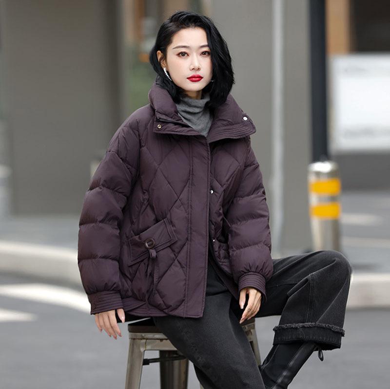 Короткий пуховик Rhombus женский 2024 зимняя мода ретро белый утиный пух утолщенный маленький воротник стойка тонкое пальто