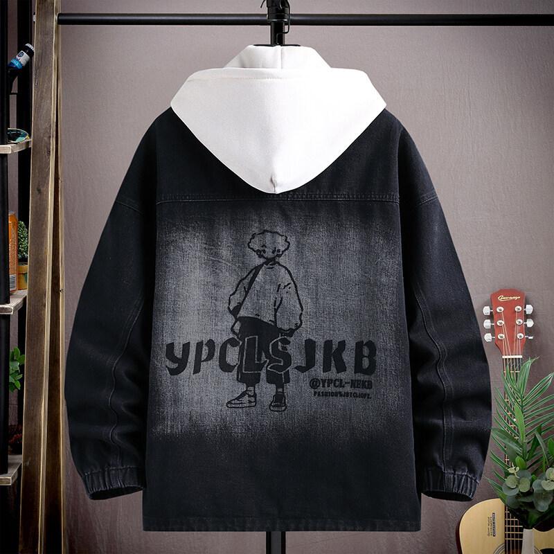 Джинсовая куртка мужская для ученика средней школы, осенняя, подростковая, с капюшоном, модная, с накладной грудью, топ, большое детское пальто