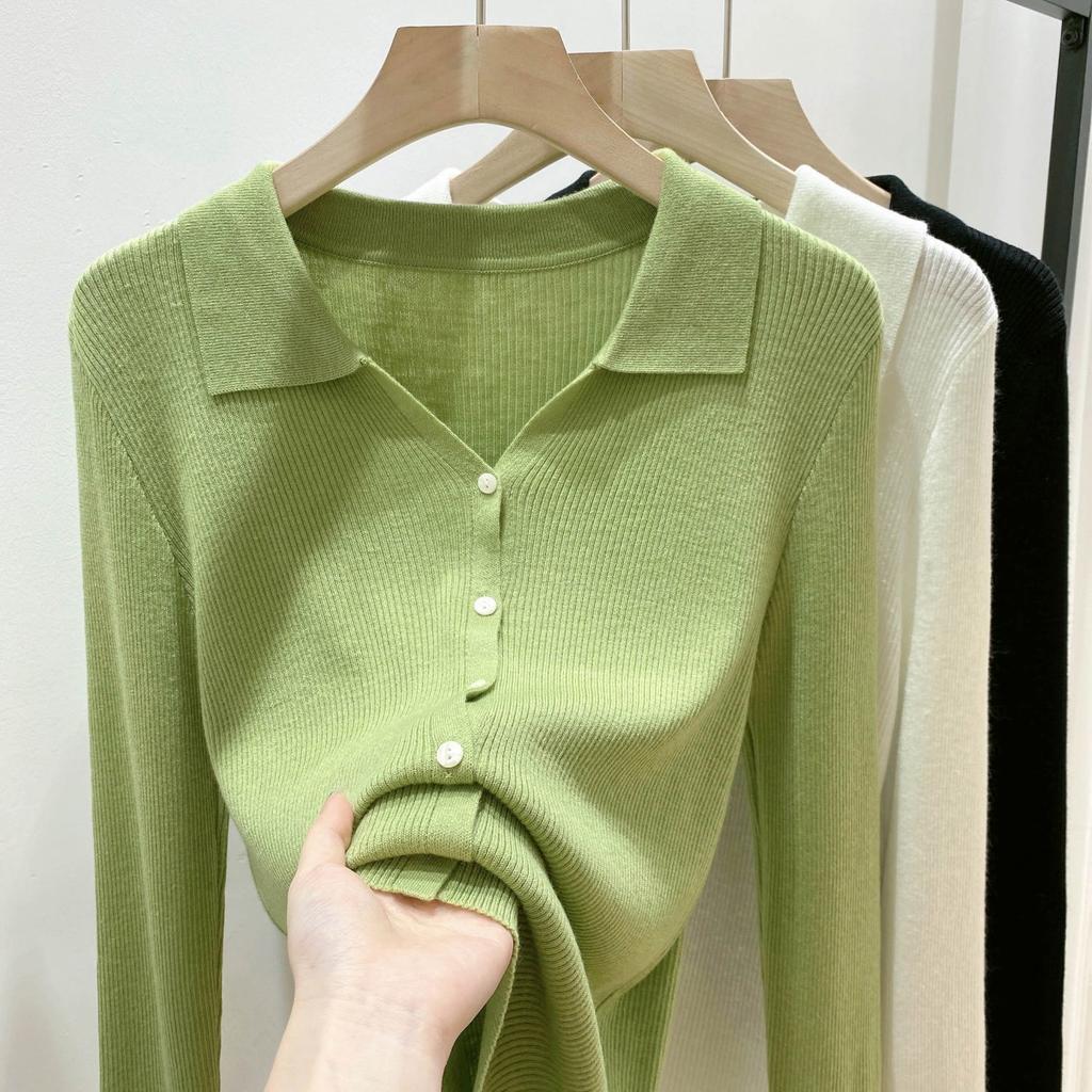 Retro Easy To Wear Amazing Swan Neck Fashionable POLO Neck Solid Color Temperament V-Neck Knitted Sweater Female