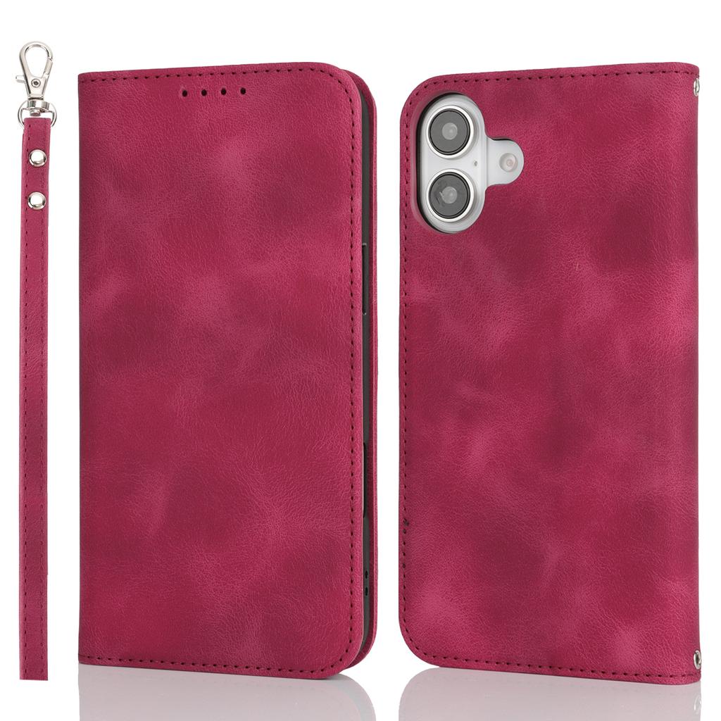 For iPhone 16 Plus Stand Case Magnetic Closure Skin Touch Leather Flip Phone Cover with Wallet