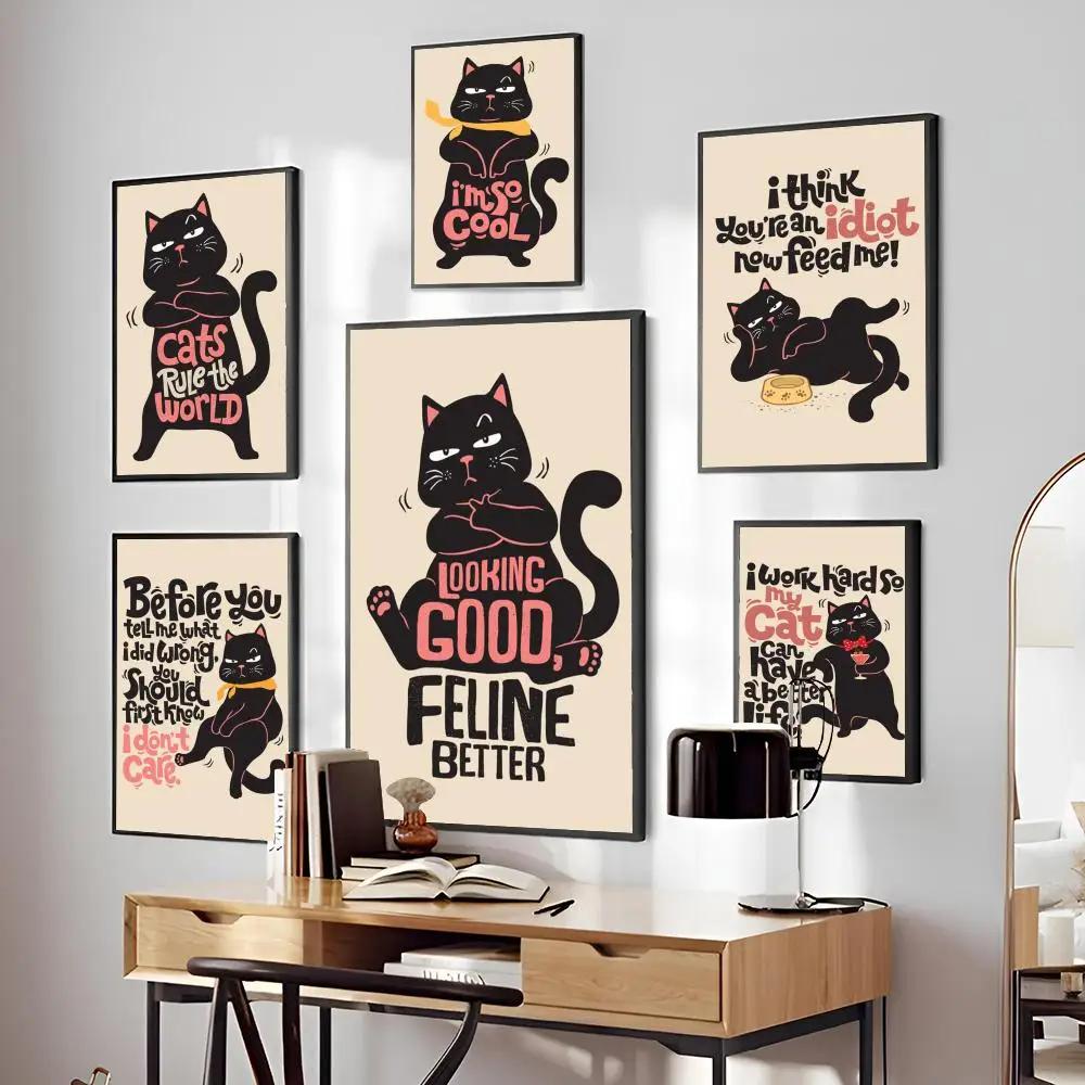 1PC Black Funny Cats Rule The World Print Poster Paper Waterproof HD Sticker Bedroom Entrance Home Living Room Bar Wall Decor