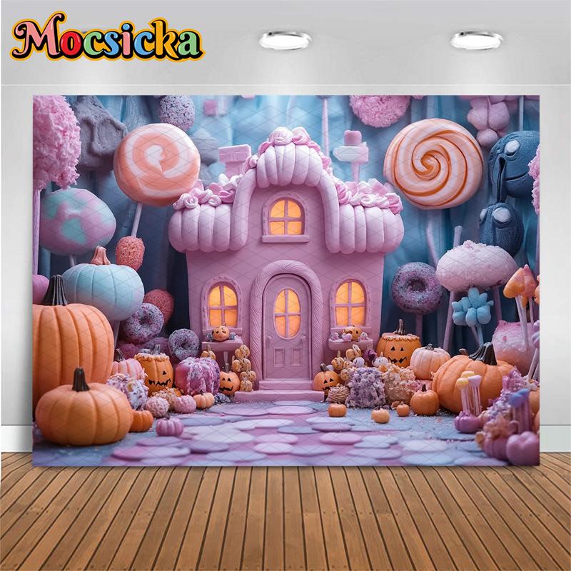 Mocsicka Хэллоуин Фотофон Дом Конфеты Воздушные шары Замок Украшения Праздник Фестиваль Осенняя Тыквенная Вечеринка Задний план