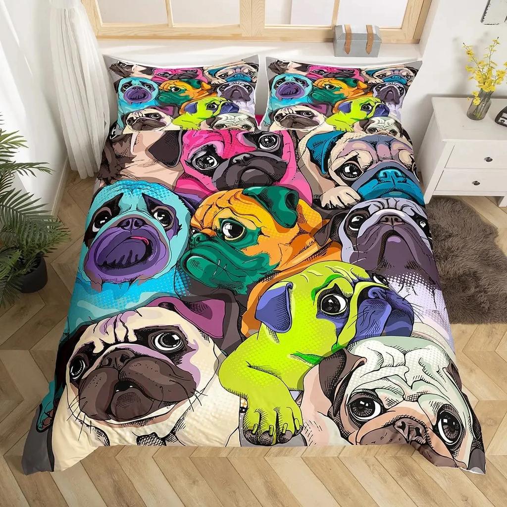 Cartoon Pug Dog Duvet Cover Set Comforter Cover Soft Bedding Set Full Size for Boys Girls Bedroom 2/3 Pieces with Pillow Shams