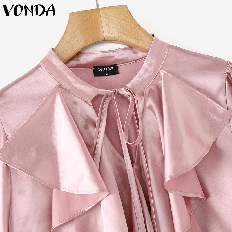 VONDA Женские блузки из гладкого атласа с оборками и завязкой на шее с длинным рукавом
