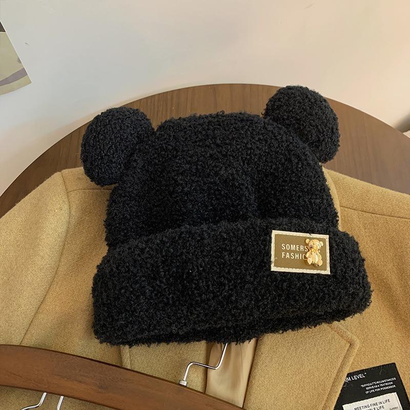 Cute Bear Wool Hat Women's Winter Thickened Plush Warm Plush Bald Hat Autumn and Winter Big Head Circumference Knitted Hat