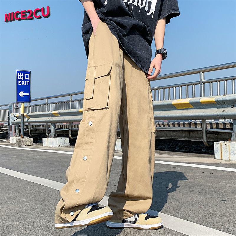 Лето 2023, новые трендовые мужские широкие брюки-карго, корейская уличная одежда, повседневные дизайнерские спортивные штаны большого размера с пуговицами для подростков
