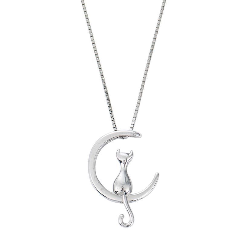 Moon Cat Sterling Silver Clavicle Necklace for Women – Simple, Cute, Versatile Accessory