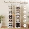 9-Tier shoe rack, shoe organizer up to 9 pairs with top tray, 2 hooks, 30x30x128.4cm, white
