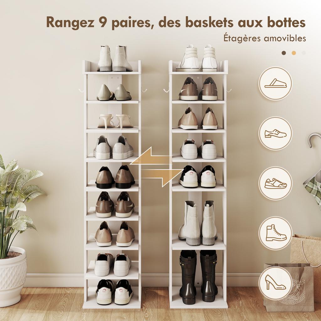 9-Tier shoe rack, shoe organizer up to 9 pairs with top tray, 2 hooks, 30x30x128.4cm, white
