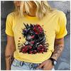 Unisex 100% Polyester Summer Top Red rose-themed cartoon unicorn Print Loose round Neck Short Sleeve Fashion for Lovers