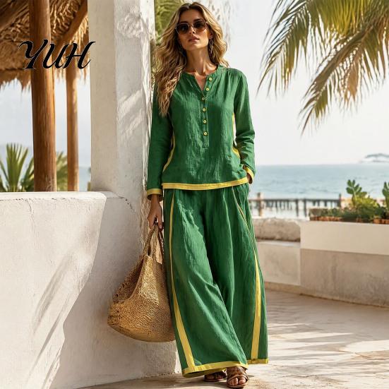 Women Two Piece Outfits Matching Set, V-Neck Button-Up Sweatshirt, High Waisted Vacation Wide Leg Pants, Contrast Color Lounge Set for Daily Wear Sets