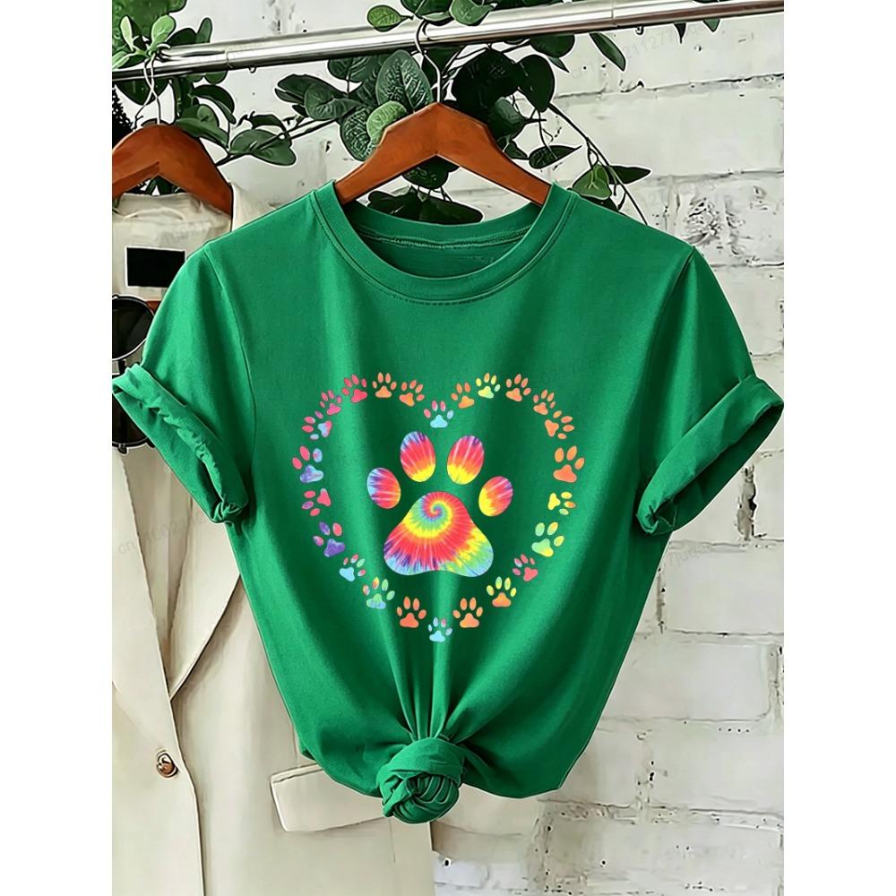 Dog Paw Print Heart Animal Lover T-Shirts Colorful Dog Paw Colorful Dog Paw Shirts Heart Anime Women's T-Shirts Short Sleeve