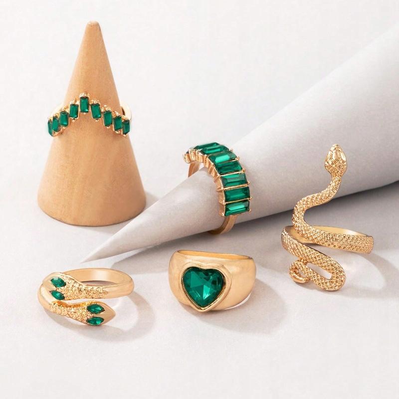 Set Of 5 Golden Rings Retro Punk Vintage Snake Heart Green