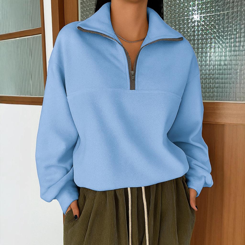 Женский повседневный свободный модный однотонный пуловер на молнии с длинными рукавами и лацканами