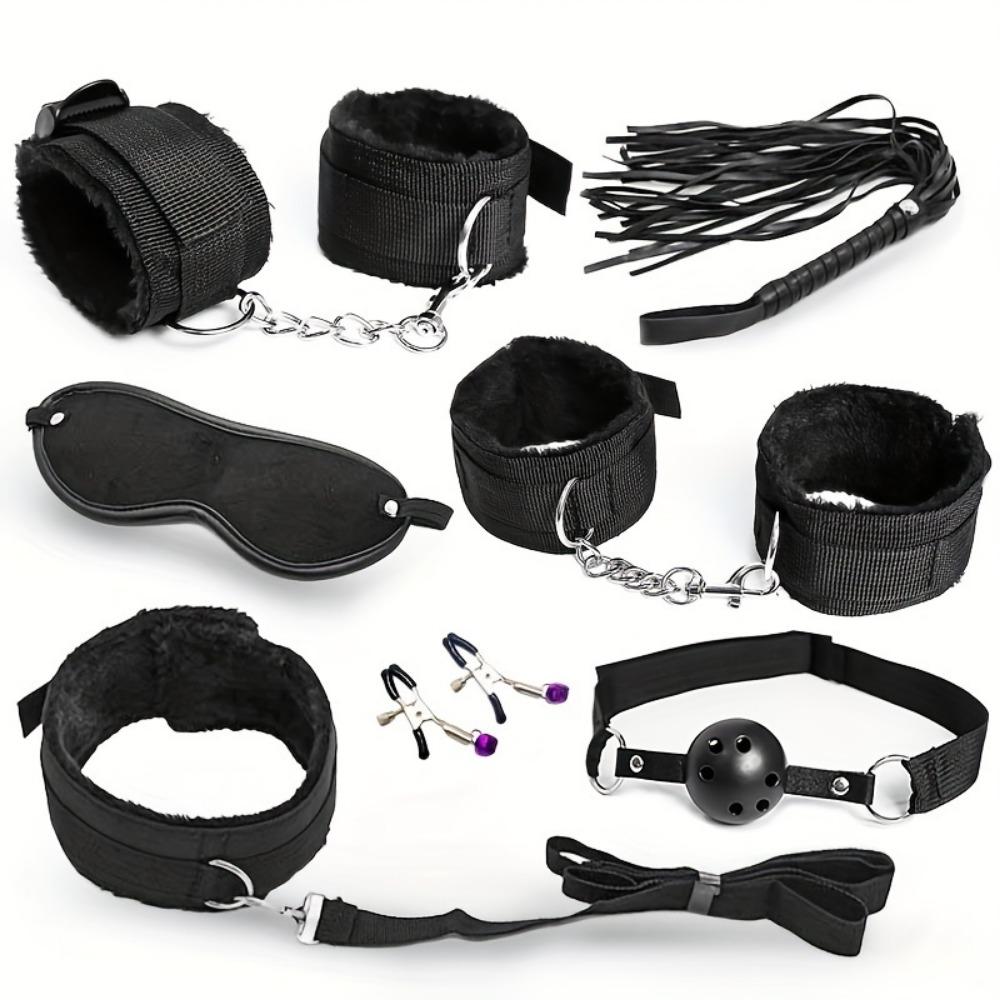 Набор из 7 предметов для БДСМ-ограничений - Наручники на запястья/лодыжки, Маска для глаз, Кляп для рта для взрослых вечеринок и чувственных игр